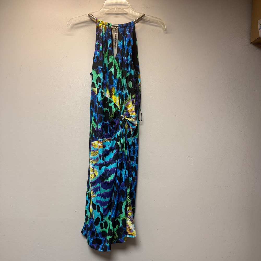 Cache Halter Dress Womens XS Multicolor Excellent Abstract Leopard Chain Neck